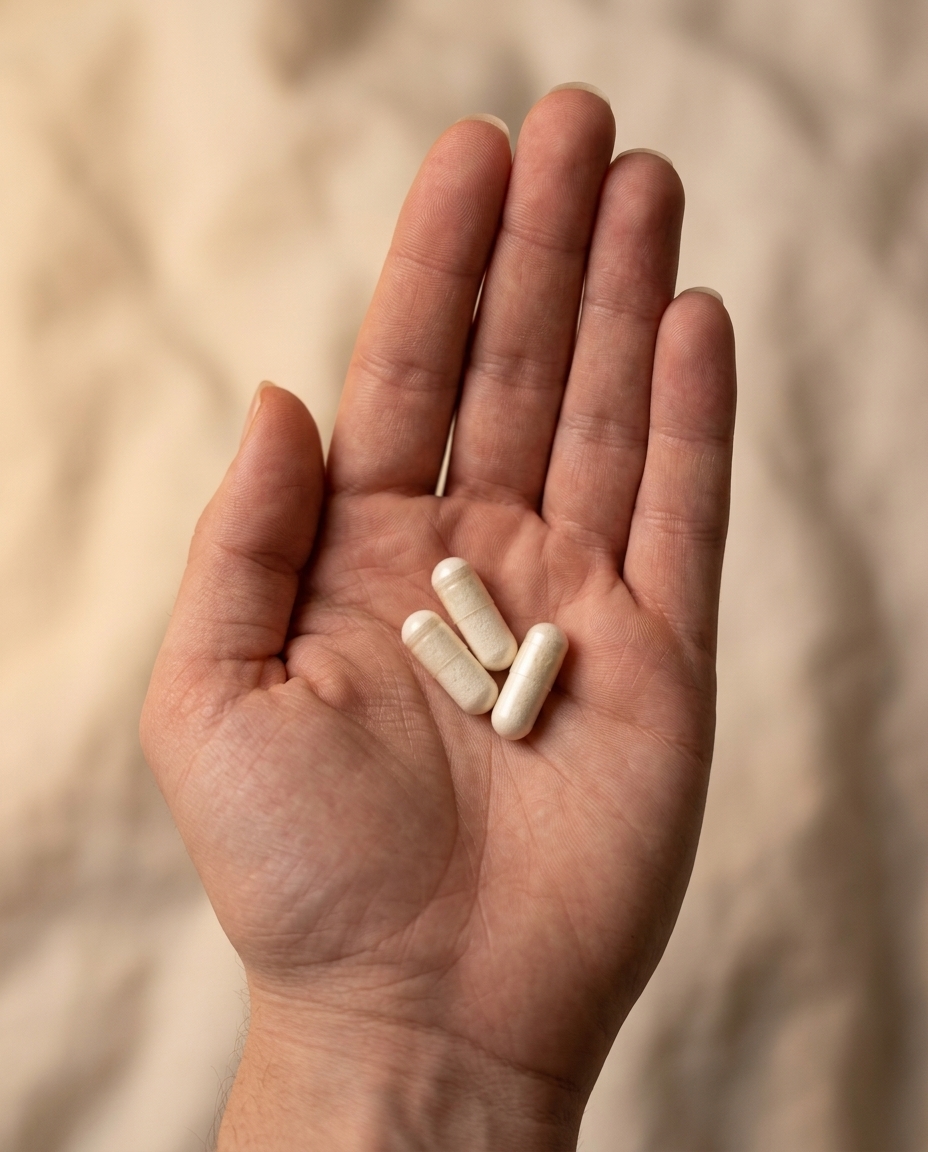 Three Deep Sleep & Restore capsules held in an open palm