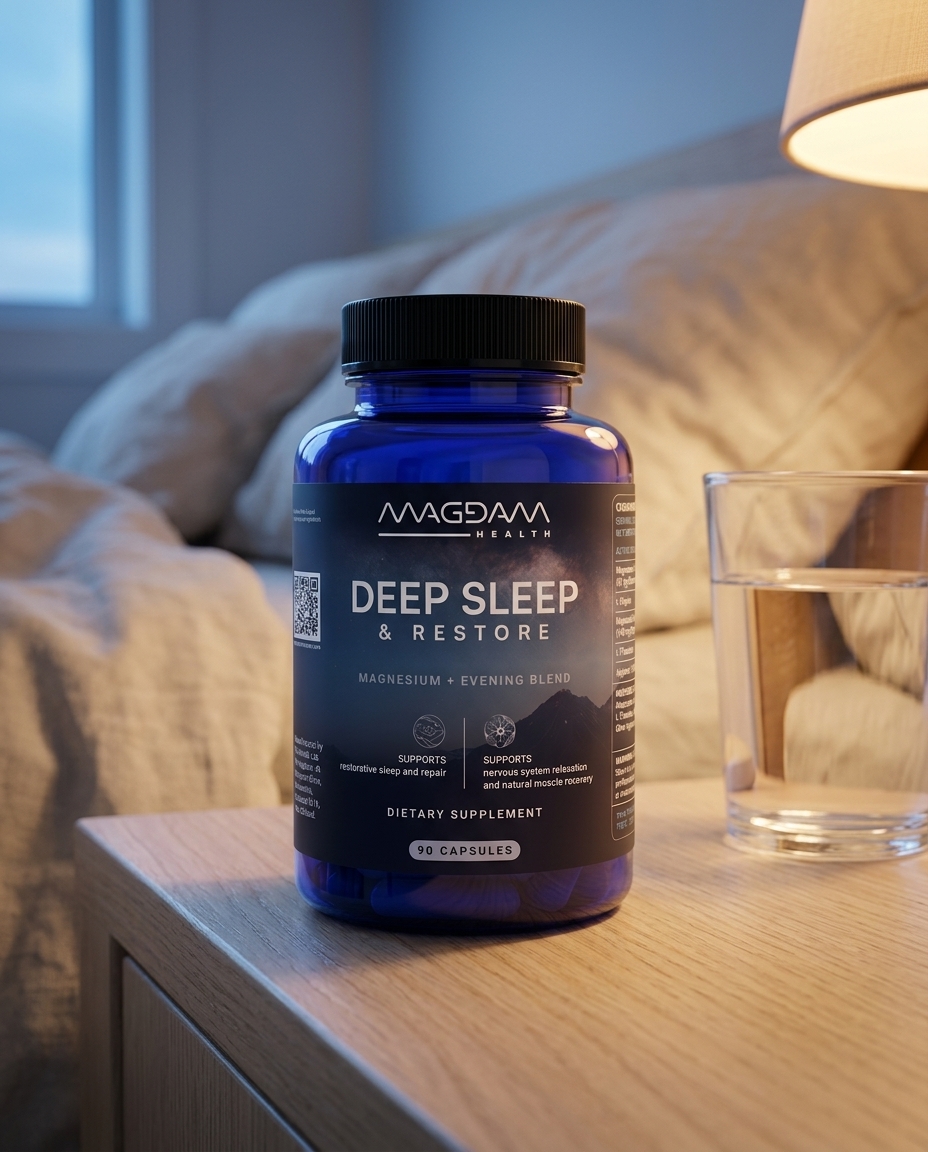 Deep Sleep & Restore on a bedside table beside a glass of water in lamplight