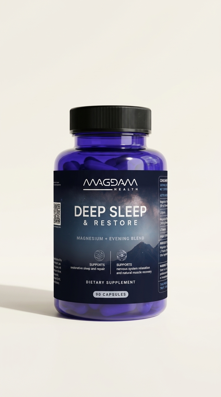 MAGDAM Deep Sleep & Restore bottle on a bone background