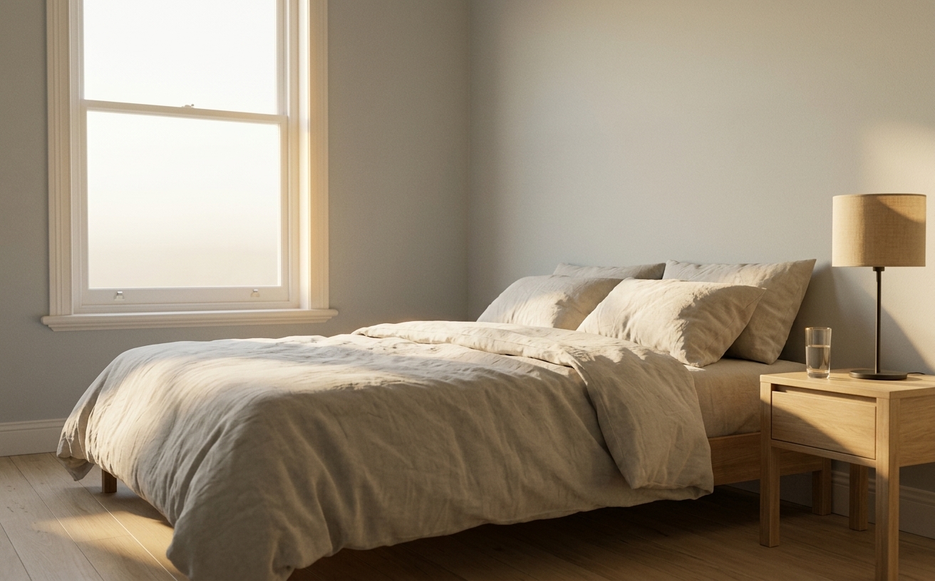Morning light across a linen bed in a calm bedroom