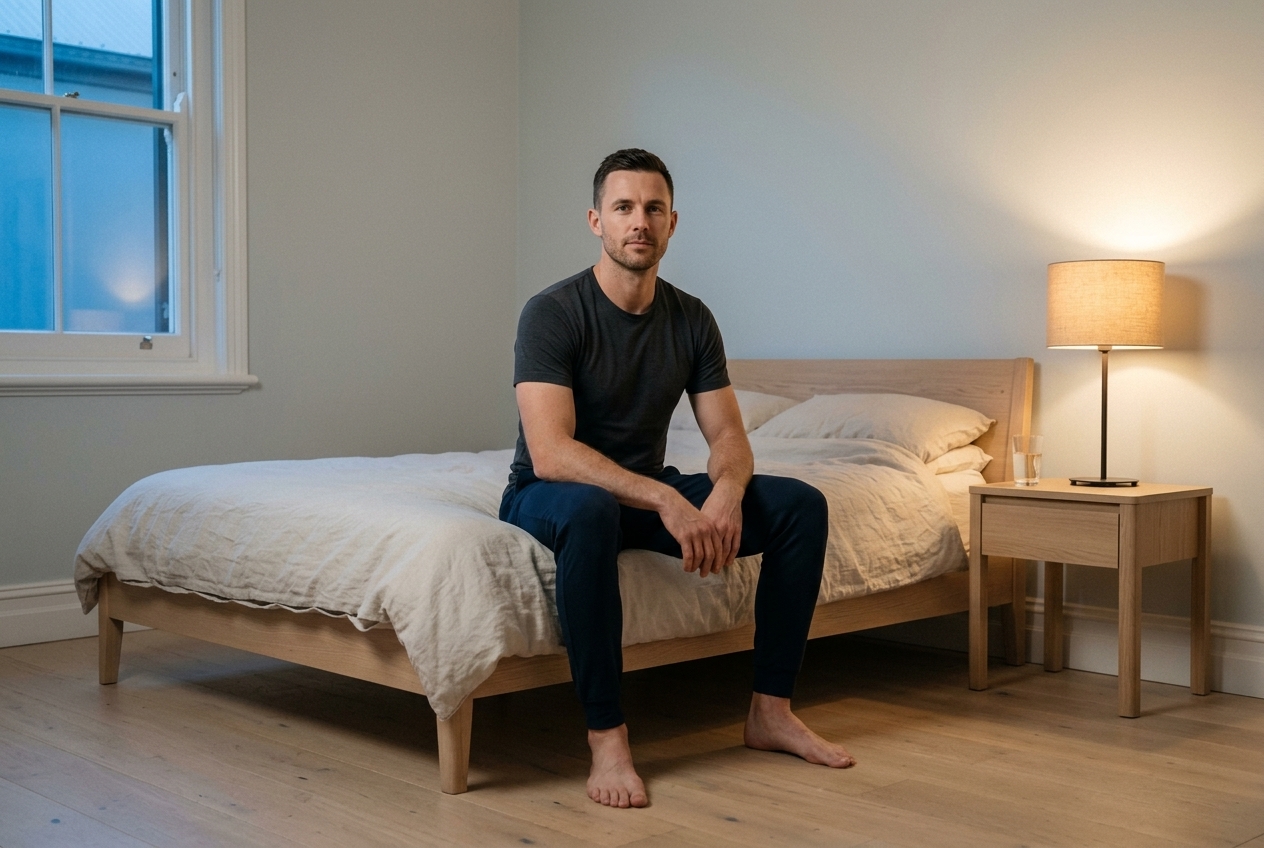 A man sitting on the edge of his bed in a quiet lamplit bedroom